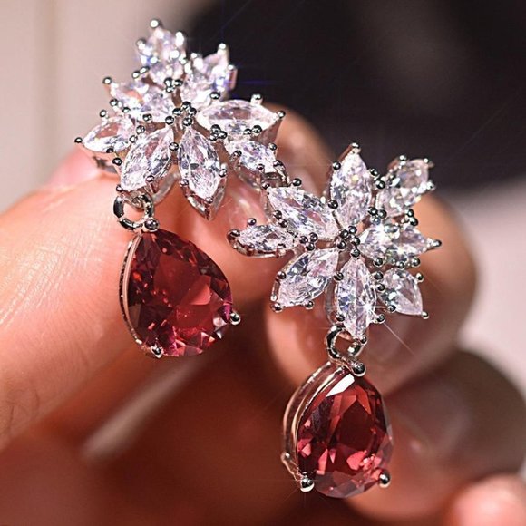 🍁Water Drop Ruby CZ Shiny Leaf Pear Drop Earrings, GPMB1412 - Picture 3 of 4